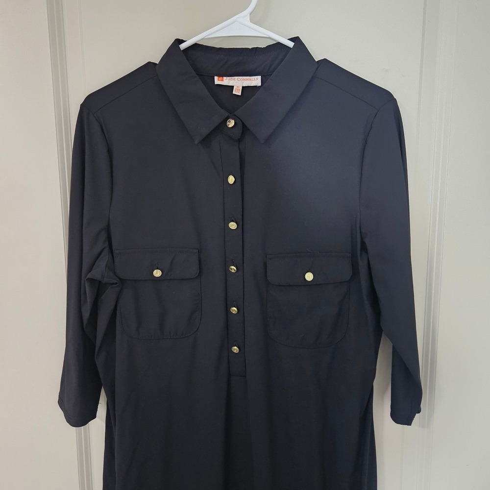 Jude Connally Black Shirt Dress XL 3/4 Sleeve Gold Button Pockets - Picture 2 of 9